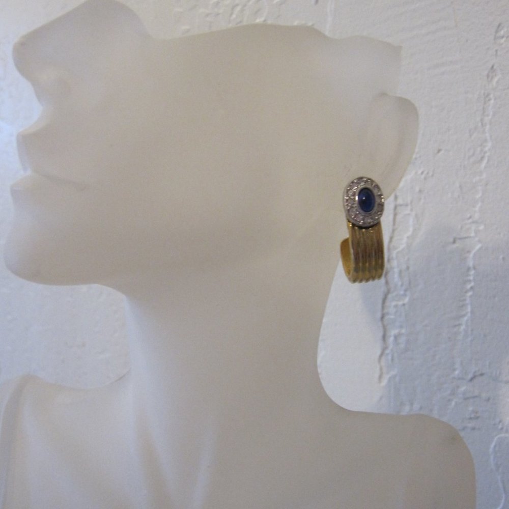 Gold Tone, Pave' Set Crystals, Faux Sapphire Earrings